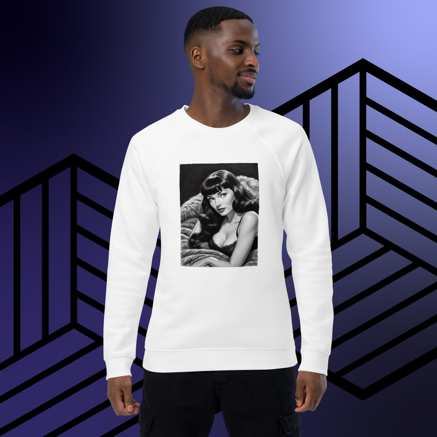 Bettie Page Unisex organic raglan sweatshirt White