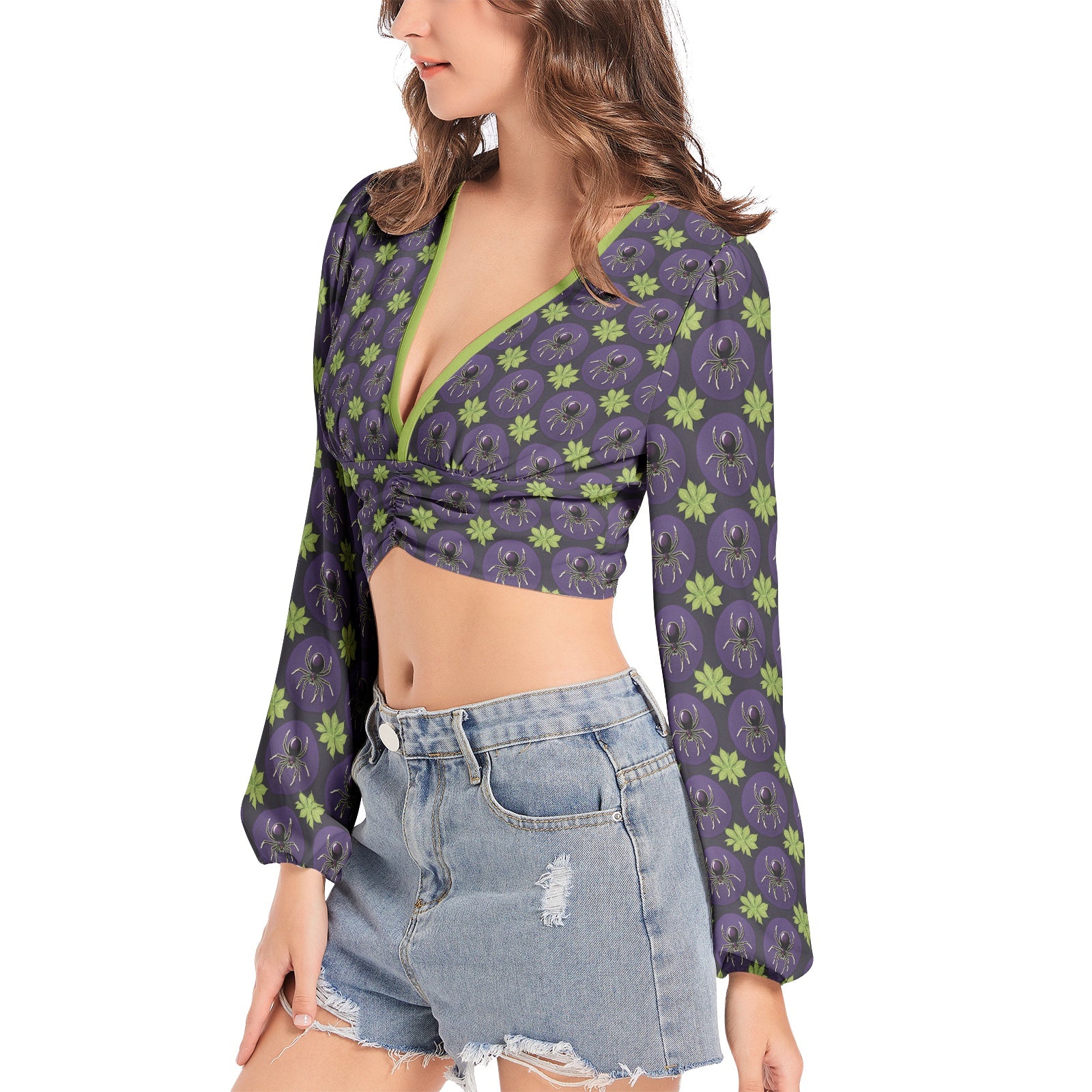 Venomous Deep V-Neck Lantern Sleeve Crop Top