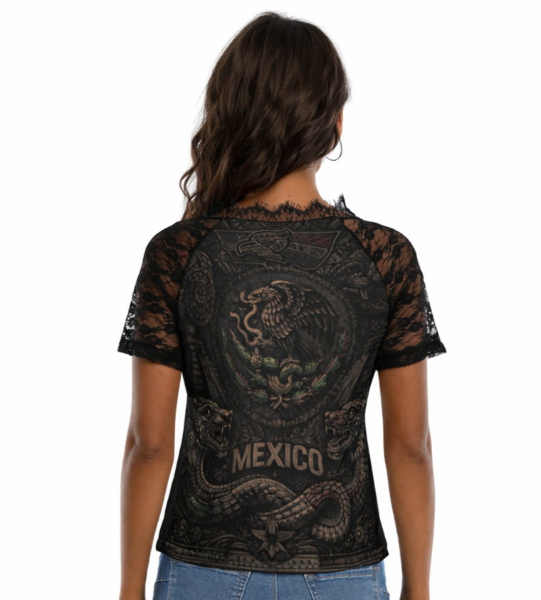 Mexico V-neck T-shirt With Lace - Gothic Mexican Pride Feminine