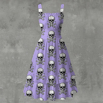 Skull Ritual Lavender - Ruffle Hem Dress White
