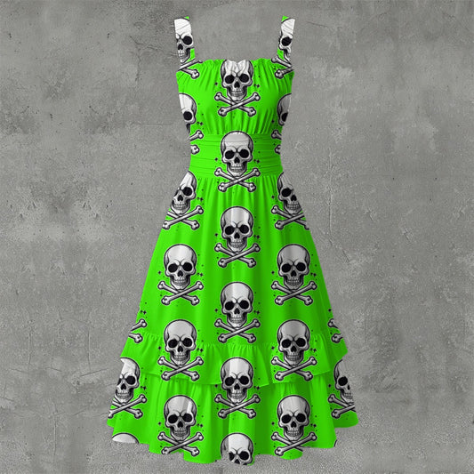 Skull Ritual Green Electric- Ruffle Hem Dress White