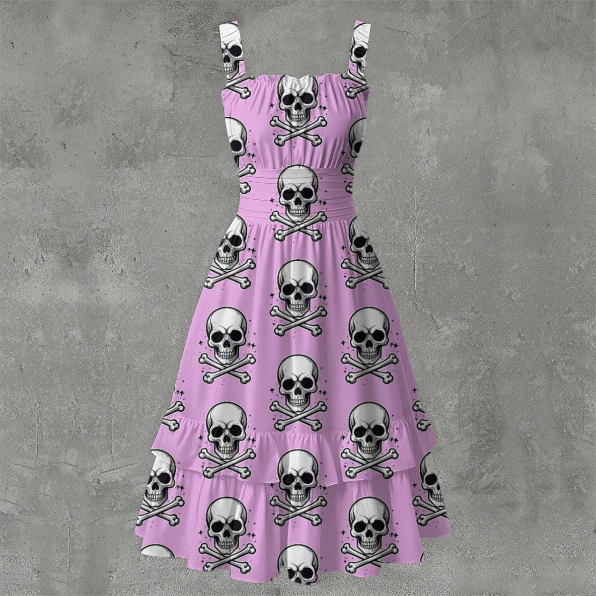 Skull Ritual Pink - Ruffle Hem Dress White