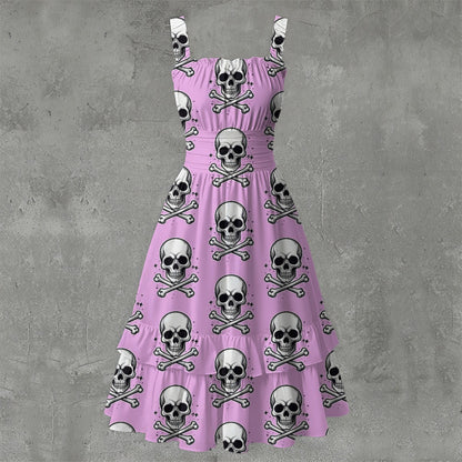 Skull Ritual Pink - Ruffle Hem Dress White