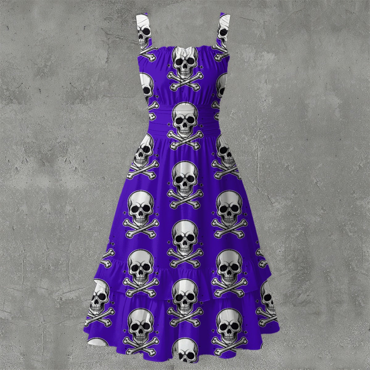 Skull Ritual Purple Electric-Ruffle Hem Dress White