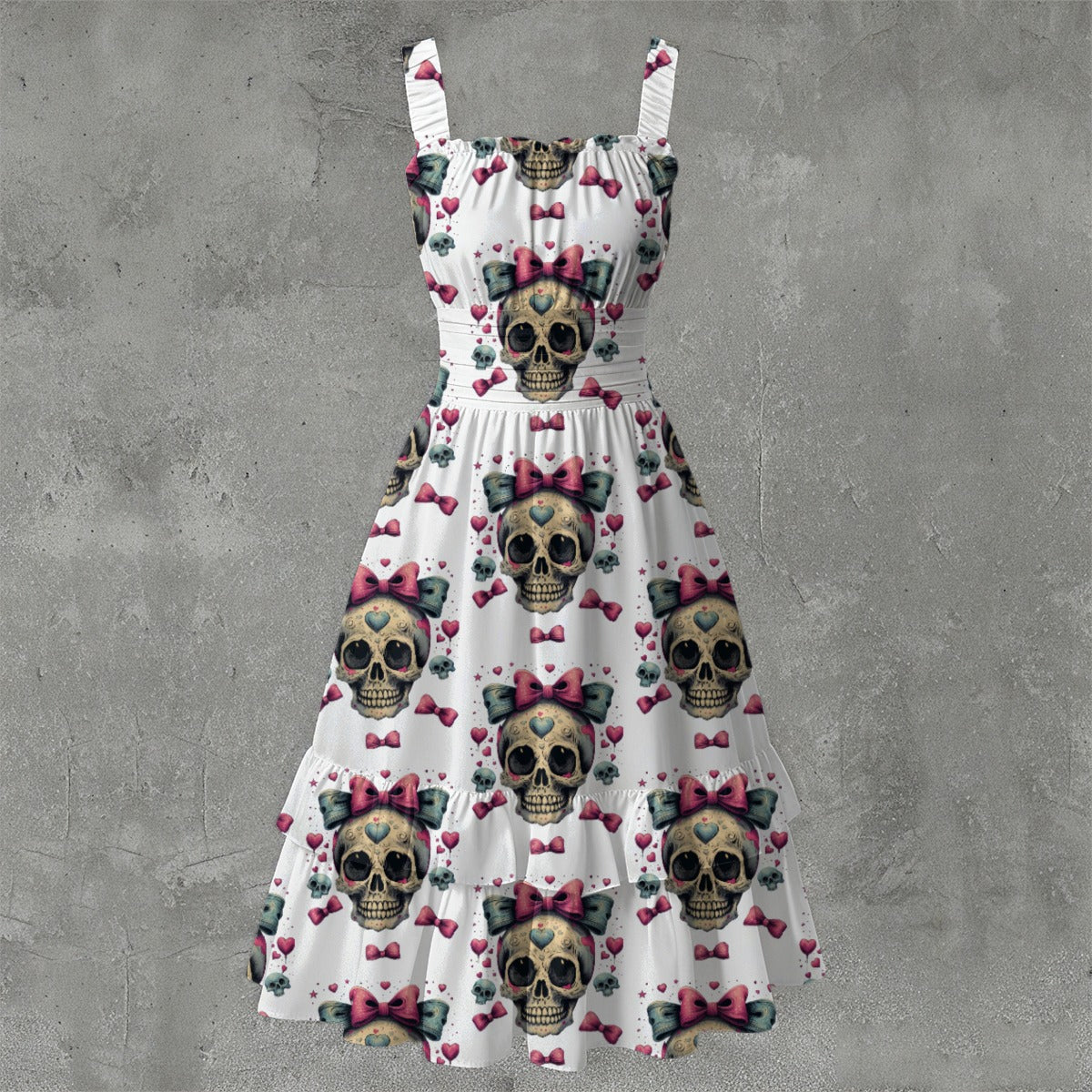 Cutie De Los Muertos Ruffle Hem Dress - Gothic Día de los Muertos White