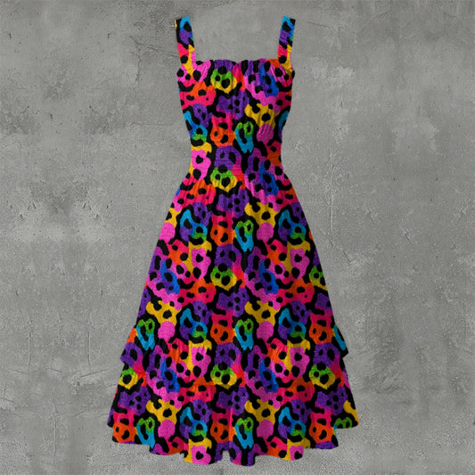 Radiant Leopard Ruffle Hem Dress - Gothic Animal Print Elegant White