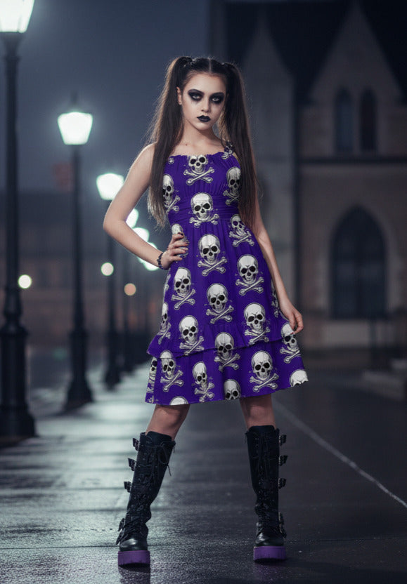 Skull Ritual Deep Purple- Ruffle Hem Dress