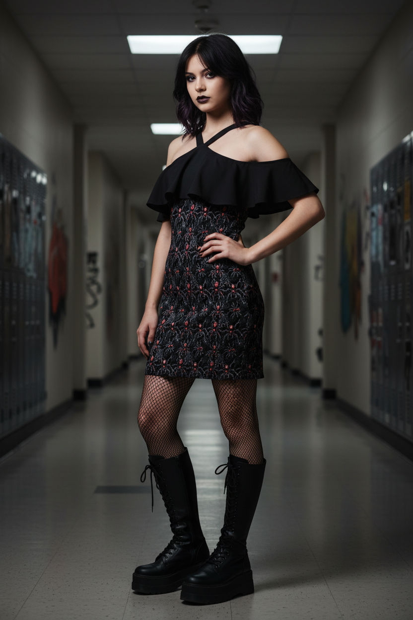 Spider Web Cold Shoulder Ruffle Dress - Arach-No-Phobia Gothic Mini