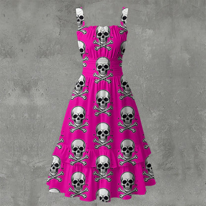 Skull Ritual Pink Electric - Ruffle Hem Dress White