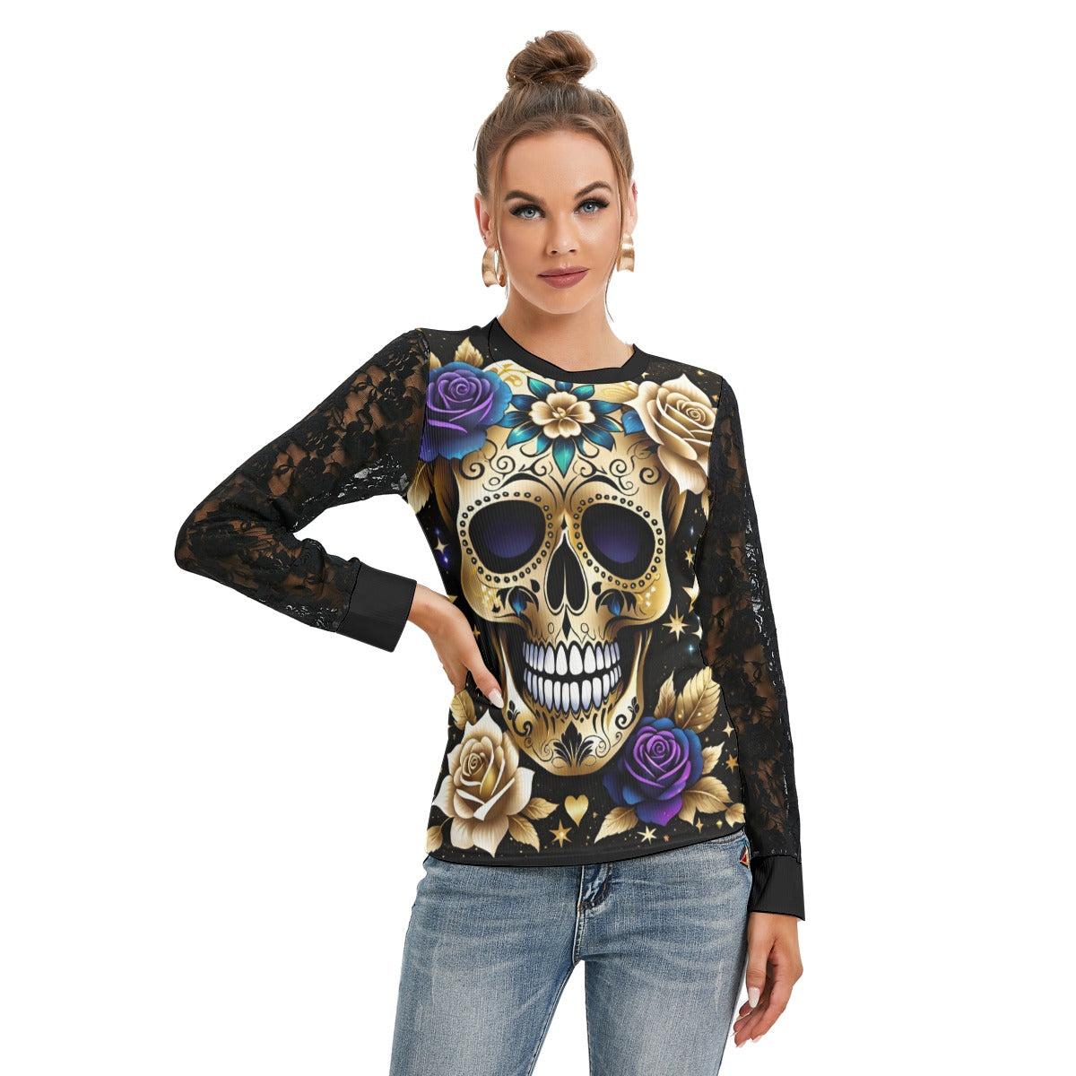 Lush Skull Garden Black Lace Sleeve Blouse White
