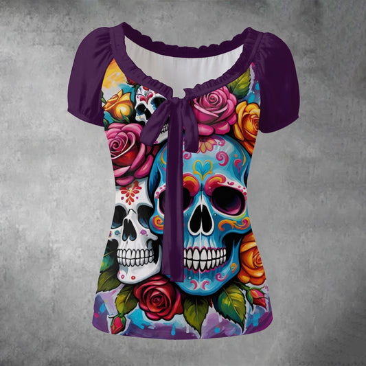 Lush Skull Garden - Puff Sleeve Shirt White