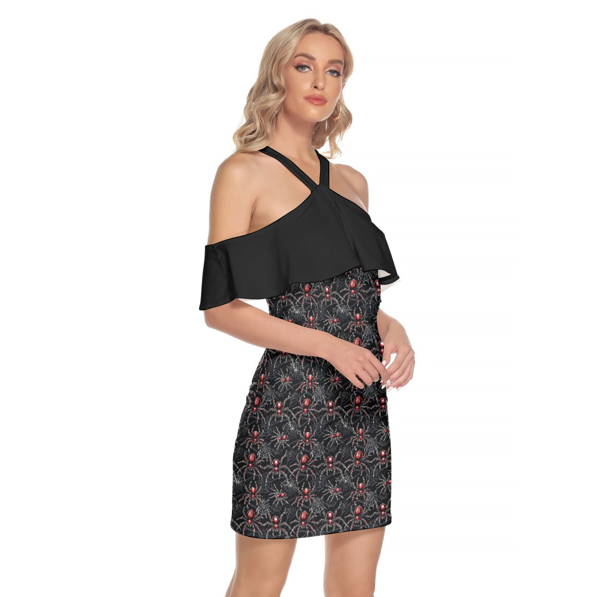 Spider Web Cold Shoulder Ruffle Dress - Arach-No-Phobia Gothic Mini