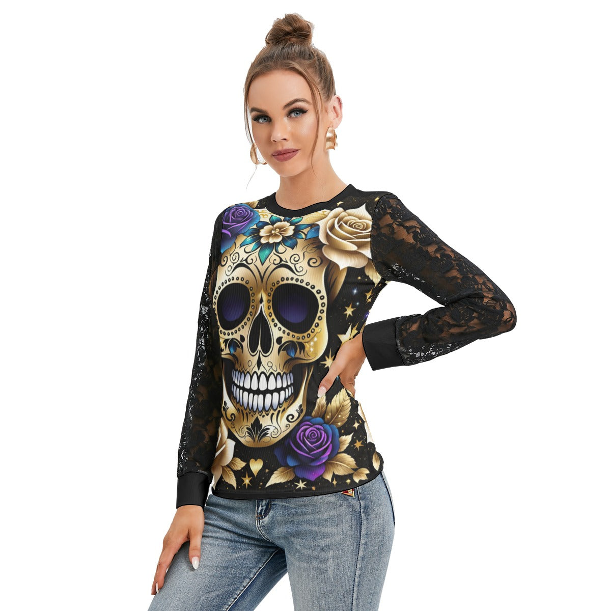 Lush Skull Garden Black Lace Sleeve Blouse