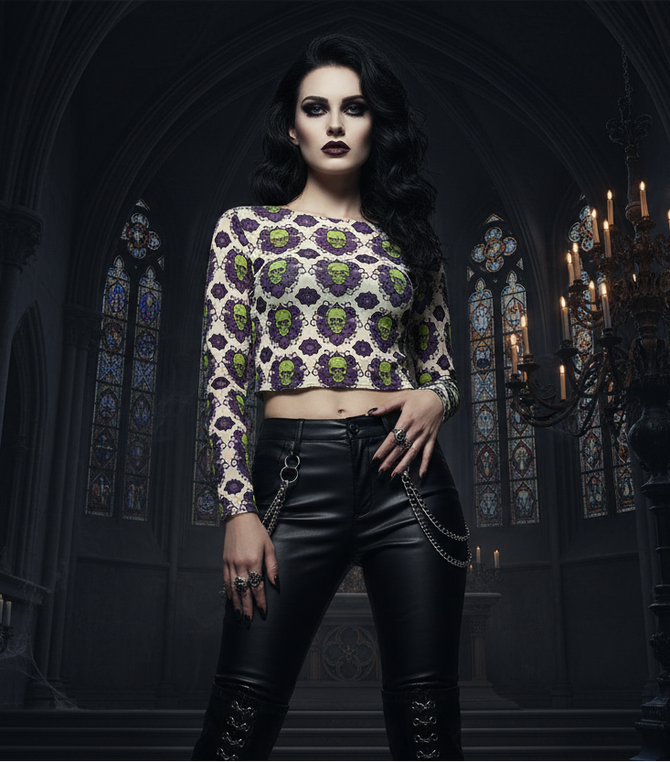 Absinthe Haze Cropped Mesh Long Sleeves T-shirt - Gothic Green Fairy