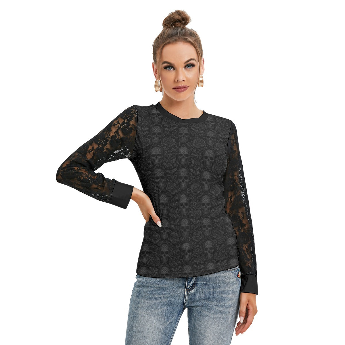 Enchanted Abyss - Blouse With Black Lace Sleeves White