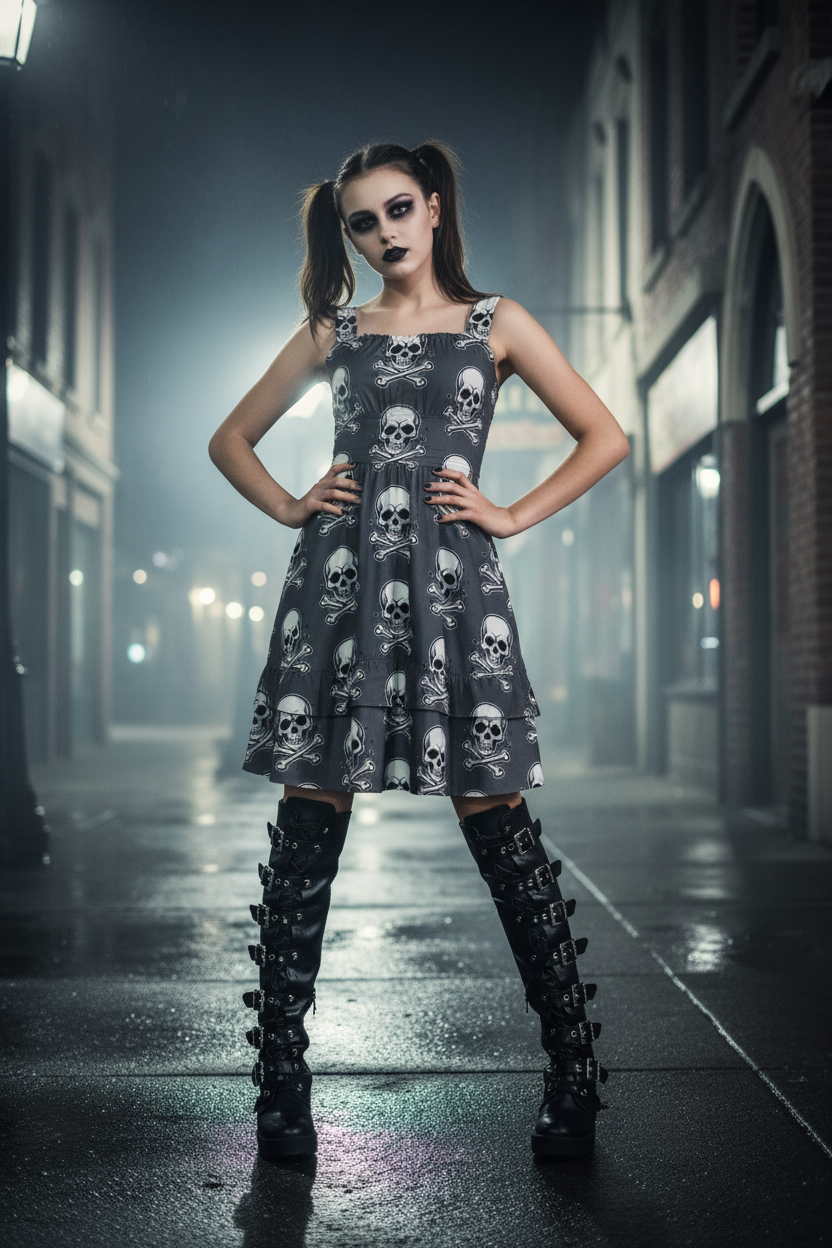 Skull Ritual Gray - Ruffle Hem Dress