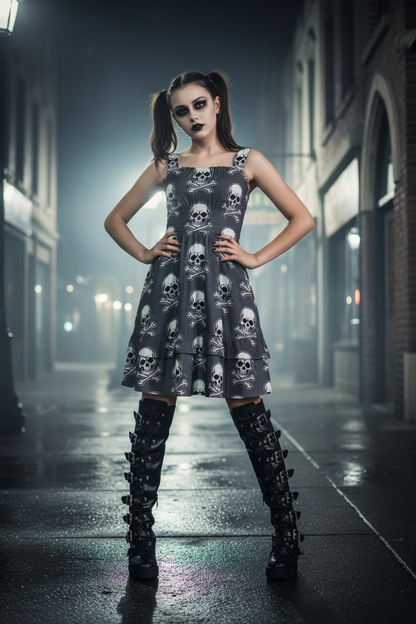Skull Ritual Gray - Ruffle Hem Dress