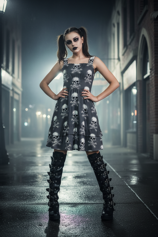 Skull Ritual Gray - Ruffle Hem Dress