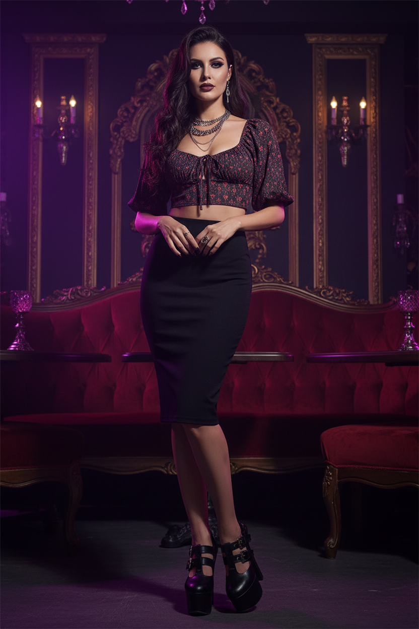 Dark Descent Cropped Top with Puff Sleeve - Gothic Square Collar White