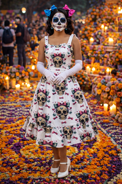 Cutie De Los Muertos Ruffle Hem Dress - Gothic Día de los Muertos