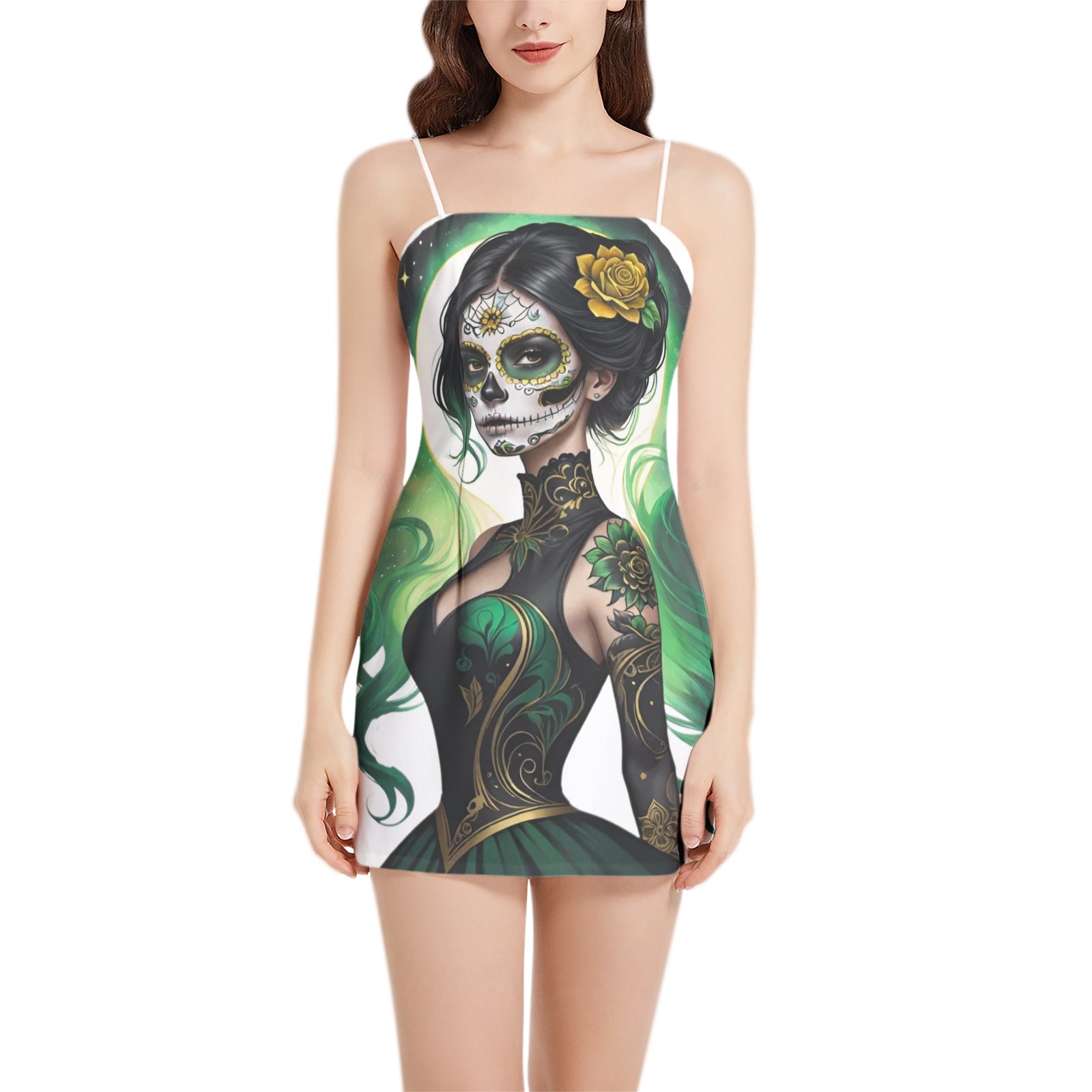 Darkened Veil (green &white)Spaghetti Strap Mini Dress 3XL