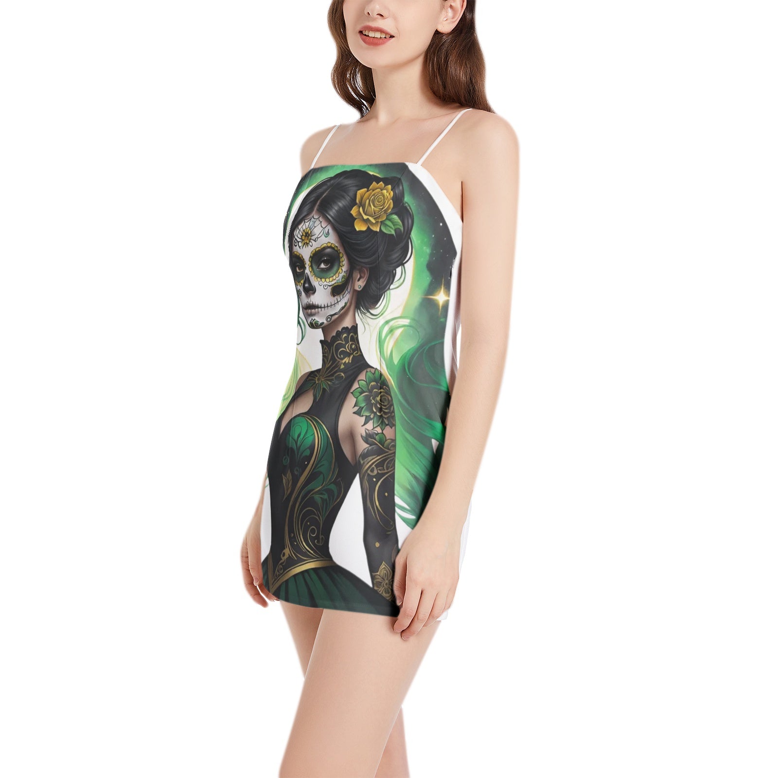 Darkened Veil (green &white)Spaghetti Strap Mini Dress