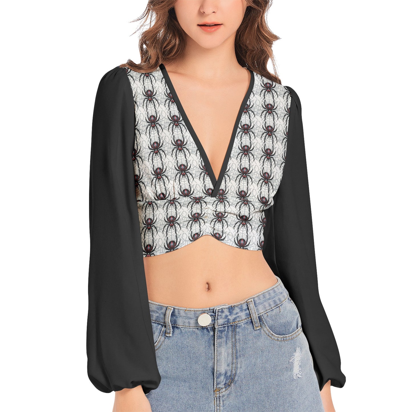 Widow Maker Deep V-Neck Lantern Sleeve Crop Top 3XL