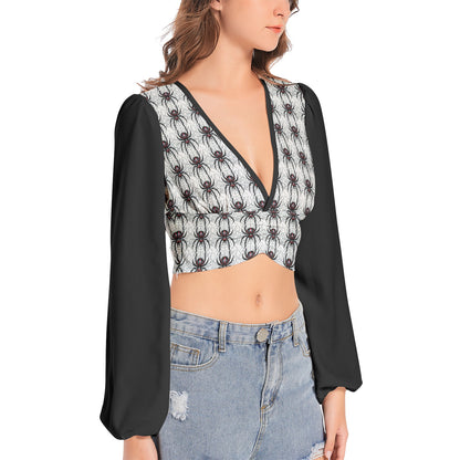 Widow Maker Deep V-Neck Lantern Sleeve Crop Top