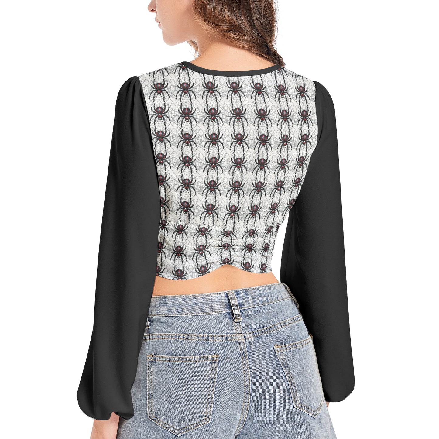 Widow Maker Deep V-Neck Lantern Sleeve Crop Top