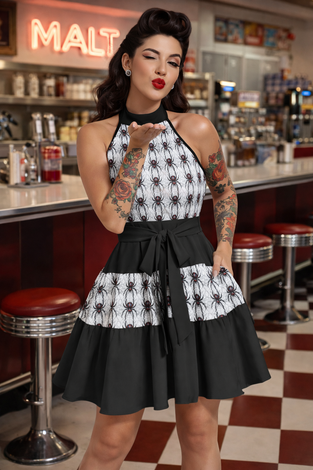 Widow Maker- Ruffle Hem Belted Halter Dress