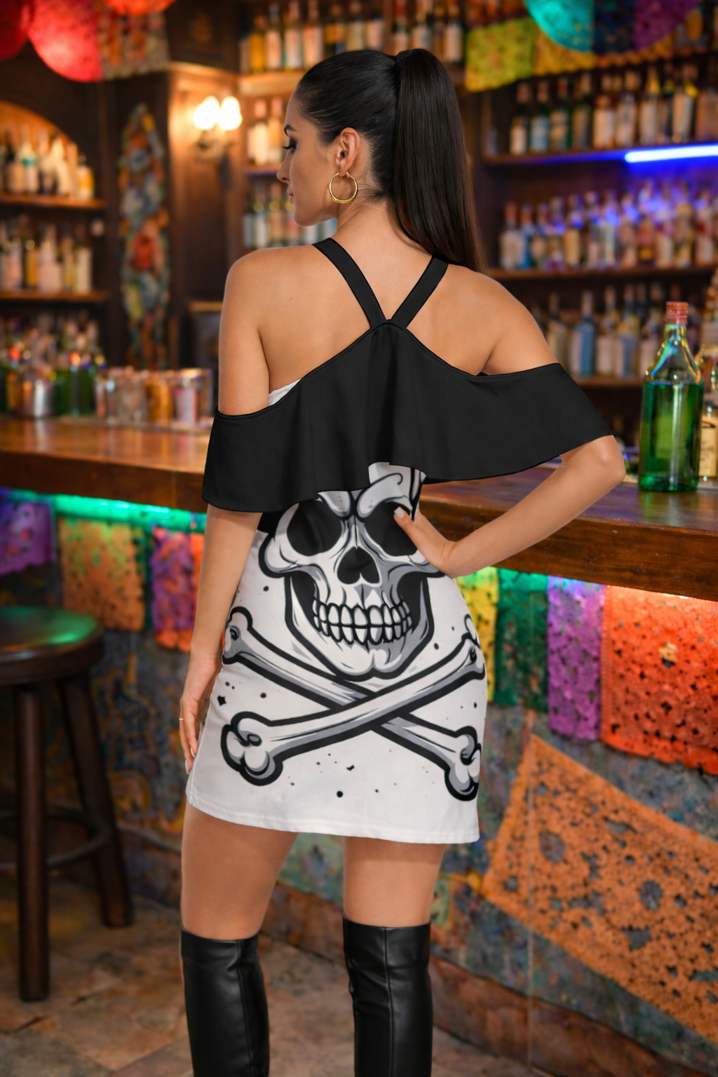 Skull Ritual - Cold Shoulder Ruffle Cami Dress