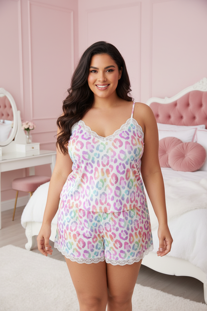 Pink Leopard Cami Set with Lace Edge - Loungewear